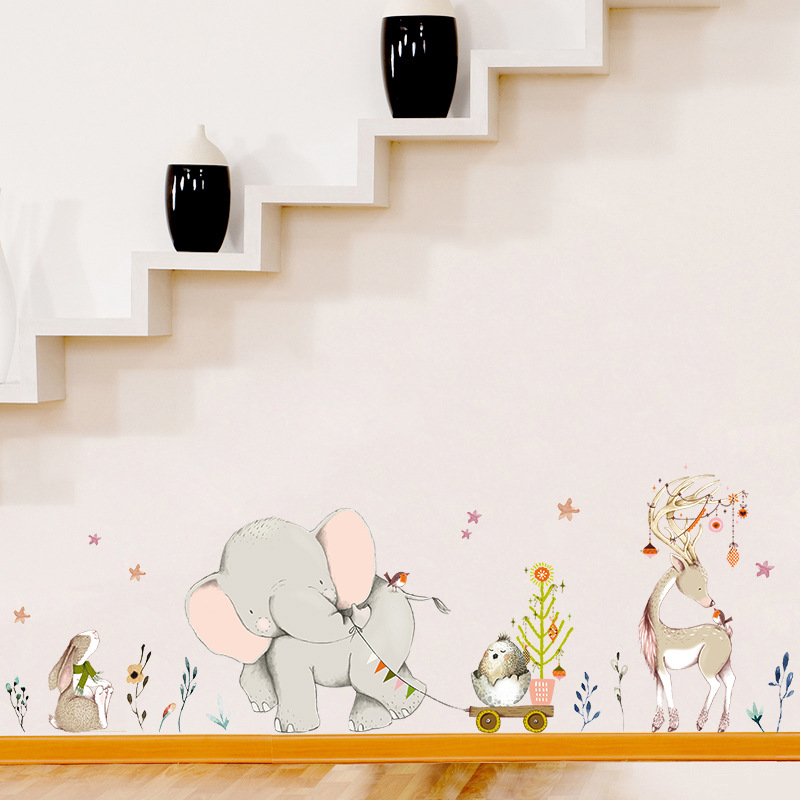 Baby Nursery Mural Wallpaper - Happy Baby Elephant Bunny Wandaufkleber Kinderzimmer