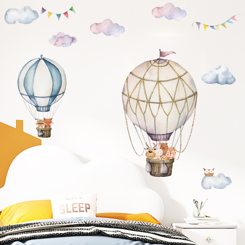 Baby Nursery Mural Wallpaper - Cartoon Tier Heißer Luft Ballon Wand