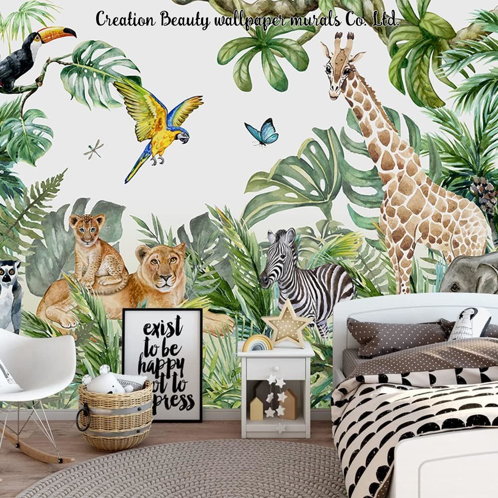 Baby Nursery Mural Wallpaper - Aquarell-Tiere Dschungel-Tapete für Kinderzimmer Babyzimmer Wandbild