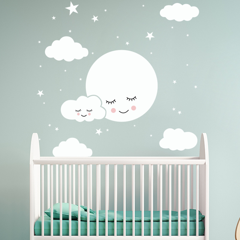 Baby Nursery Mural Wallpaper - Weiße Cartoon lächelnde Wolke Sterne Wandaufkleber