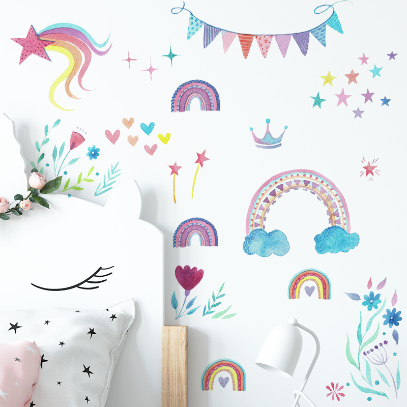 Baby Nursery Mural Wallpaper - Cartoon-Regenbogen-Sterne Wandaufkleber für Babyzimmer-Dekoration Wandbild Kinderzimmer