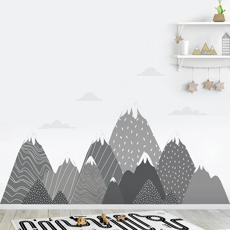 Baby Nursery Mural Wallpaper - Boho-Tapete mit grauen Bergen, wasserdicht, nahtlos,